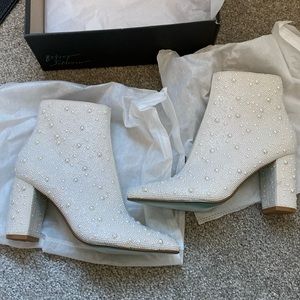 Betsey Johnson White Ankle Boots with Pearl Embellishments